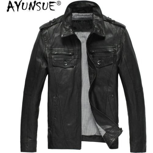 AYUNSUE Mens Real Sheepskin Leather Jacket Motorcycle Genuine Leather Jacket Men Vintage Veste Cuir Homme DK056 KJ2114