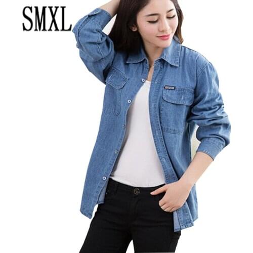 Add new Big plus Size S-4XL Cowboy Pure cotton blue men joker loose coats European women Long Sleeve lovers Denim shirts X-long