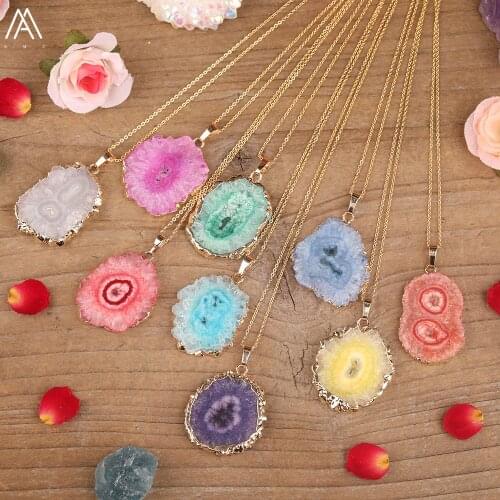 Natural Druzy Agates Stone Sun Flower Beads Pendant Gold Chains Necklace Jewelry For Women Boho Friendship Jewelry Dropshipping