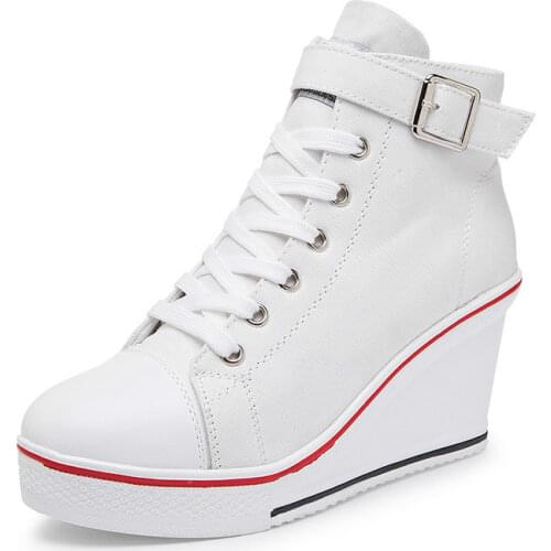 2020 New Spring Summer Classic Wedges Shoes High Top Pumps with Zipper Canvas Shoes Women Casual Height Increasing Platform Shoe