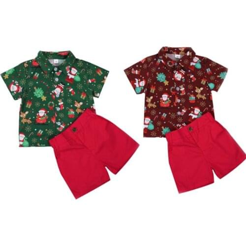 2PCS Set Christmas Kids Boy Clothes Set Santa Print Short Sleeve Single Breasted Shirts Shorts Boys Gentleman Xmas Clothing