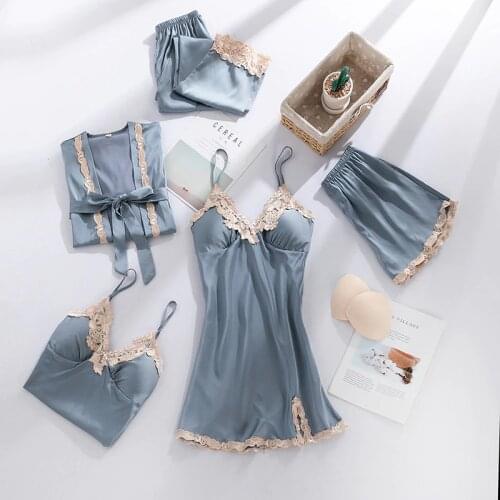Sexy Satin Kimono Gray Robe Gown 5PCS Nighty&Robe Suit Women Sleepwear Nightgown Nightdress Silky Home Clothes Intimate Lingerie
