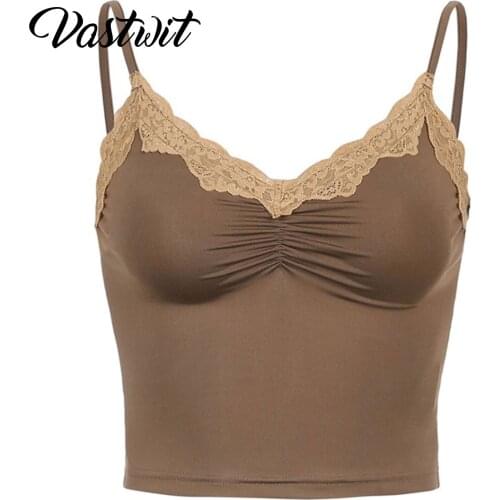 School Girl Y2K Cami Tops Lace Trim Brown Cute Kawaii Clothes V Neck Sexy Vintage 90s Aesthetic Crop Top