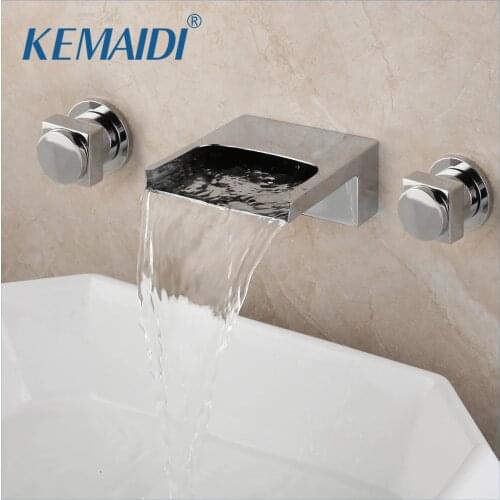 KEMAIDI Solid Brass 3 Pcs Bathtub Faucet Waterfall Spout Diamond Handles Chrome Polish Bathroom Bathtub Mixer Faucet