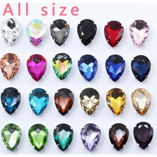 4x6 6x8 10x14 13x18 18x25 20x30 30x40mm 24 colors teardrop glass stone sew on crystal rhinestones silver base button for clothes