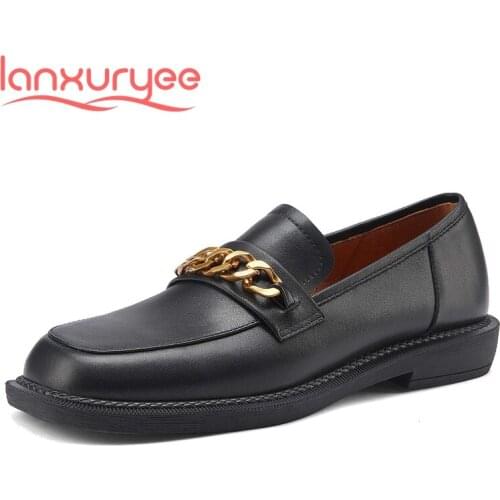 Lanxuryee leisure cow patent leather chain decorations square toe low heel slip on office lady fashion internet star pumps L24