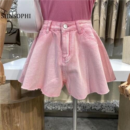 2021 Women Summer Denim Shorts Sexy New Fashion Casual Versatile Loose All Match High Waist Vacation Straight Barren Pink/Blue