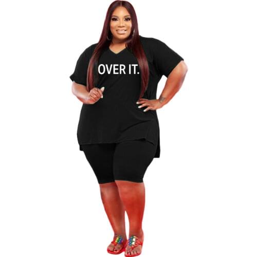 Plus Size Two Piece Set Sexy V Neck Letter Print Casual 2 Piece Set 2021 Women Summer Outft Oversized 3xl 4xl 5xl Large Size Set