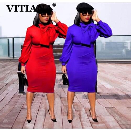 VITIANA Women Office Lady Dress Autumn 2021 Female Long Sleeve Bow Red OL Dresses Femme Slim Pencil Vestidos Africa