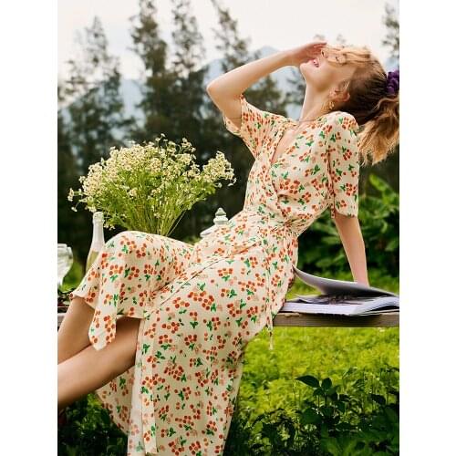 Cherry Print Women V-Neck Wrap Midi Dress 2021 Summer New Ladies Short Sleeve Waist Lace-Up Split Long Dresses for Holiday