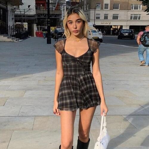 Summer Plaid Print Mini Dress Women Vintage Streetwear A-Line V Neck Short Sleeve Dresses Casual Sexy Lace Slim Dress 2021