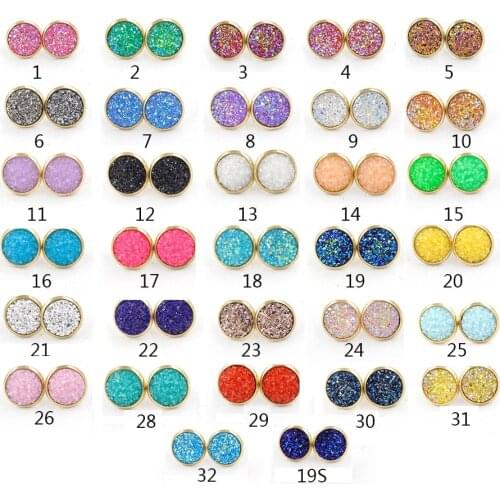 12MM Druzy Drusy Earrings Resin Cabochon Earrings Gold Stud for Women Men Girl Jewelry Gift