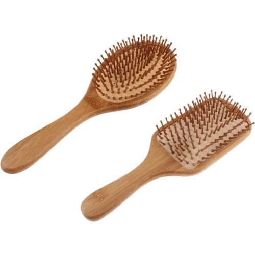 2 Shapes Square Oval Natural Bamboo Paddle Hairbrush Scalp Massage Anti Static Cushioned Brush Comb for Women Men