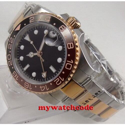 40mm bliger black dial sapphire crystal Coin Edge ceramic Bezel deployment clasp Two Tone Automatic mens watch B308