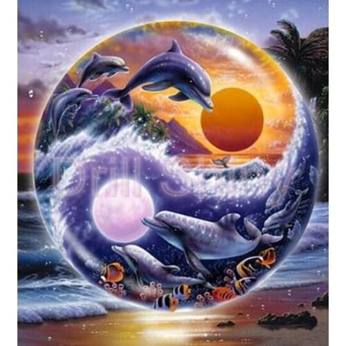 5D DIY Diamond Painting YIN AND YANG DOLPHINS Moon and Sun Cross Stitch Picture Of Rhinestone Diamond Embroidery Home Decor Gift