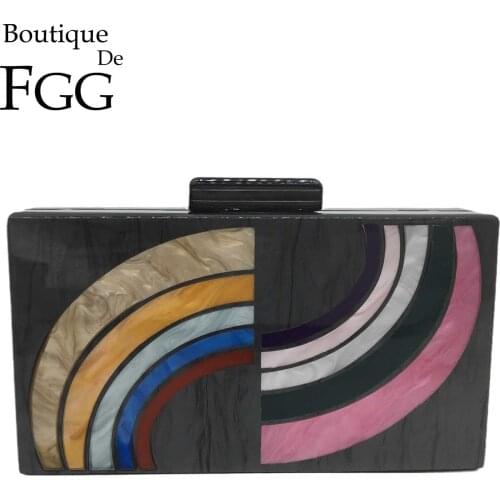 Boutique De FGG Novelty Rainbow Pattern Women Acrylic Box Clutch Evening Handbag Party Dinner Chain Shoulder Bag Crossbody Purse