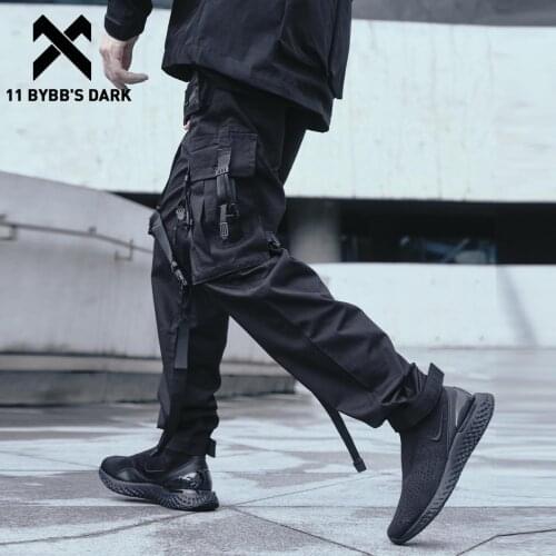11 BYBBS DARK Ribbon Pocket Cargo Pants Mens Hip Hop Tactical Function Pants Streetwear Harajuku Jogger Mens Harem Pants