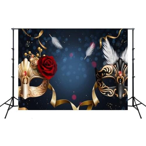 Black And Golden Masks Red Rose Dance Carnival Photography Backdrops Masquerade Party Golden Ribbons Photo Background