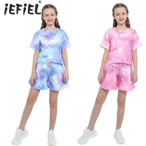3-16Y Kids Girls Clothes Sets Tie Dye Print T-Shirts Tops+Drawstring Shorts Children Clothing Summer Teen Tracksuits Sports Sets