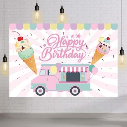 Ice Cream Truck Shop Backdrop Summer Baby Girls Party Pink Car Photography Background Baby Kids Birthday Cake Table Decorations