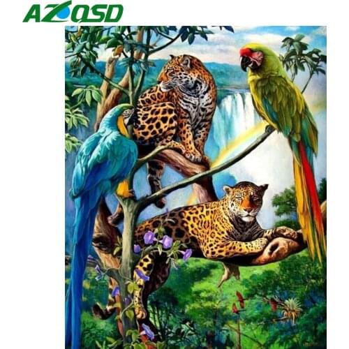 AZQSD Painting By Numbers Animal Picture By Numbers Leopard Parrot HandPainted Kit On Canvas Home Decor Gift Wall Art Framed