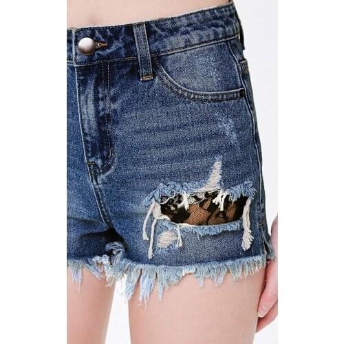 Fashion Women Holes Lace Jeans Shorts Summer Sexy Slim High Elastic Denim Shorts Vintage Tassel High Waist Cowboy Shorts Female