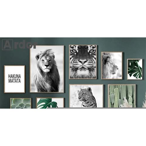 Nordic Monstera Leaf Plant Wall Art Canvas Painting Lion Tiger Leopard Animal Poster HAKUNA MATATA Quotes Art Prints Home Decor