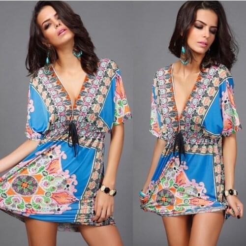 New Spring Summer deep V- neck print dress Bohemia long beach sexy halter dress waist lace corset dress Vestidos