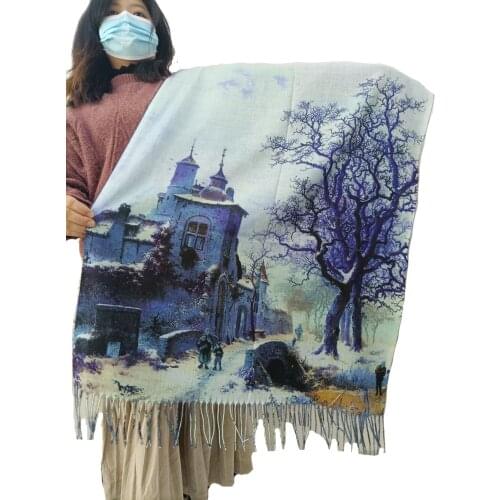 New Cashmere Scarf Women Castle Tree Oil Painting Shawls and Wraps Bandana Female Digital Printing Foulard Blanket Tassels 190cm