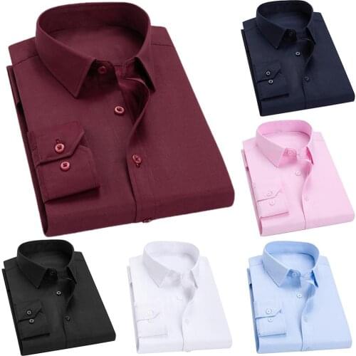 Business Men Solid Color Long Sleeve Pocket Cotton Plus Size Buttons Down Shirt Men Clothing Soft Comfortable 3XL