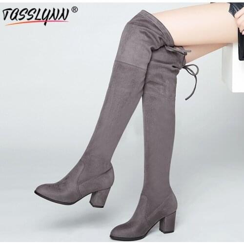 TASSLYNN 2019 Lace Up Winter Shoes Women Flock Winter Women Boots Over The Knee Boots Square High Heels Round Toe Women Shoes 43