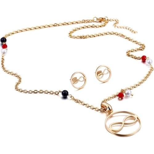 Trendy personality all-match stainless steel figure 8 gold-plated fashion suit necklace + earrings