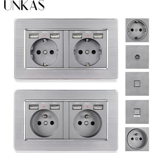 UNKAS Grey EU French Socket Dual USB Port + TV RJ11 Telephone RJ45 Internet Computer Jack 146mm*86mm Gray Stainless Steel Panel
