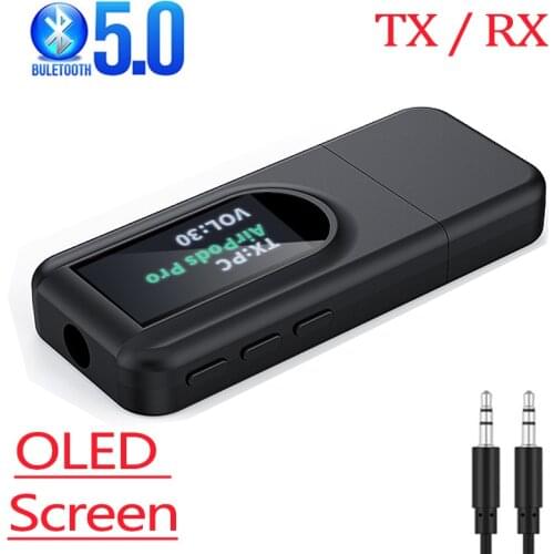 USB Bluetooth Receiver Transmitter BT 5.0 OLED Display 3.5mm 3.5 AUX Jack Wireless Audio Adapter Dongle for PC TV Car Headphones