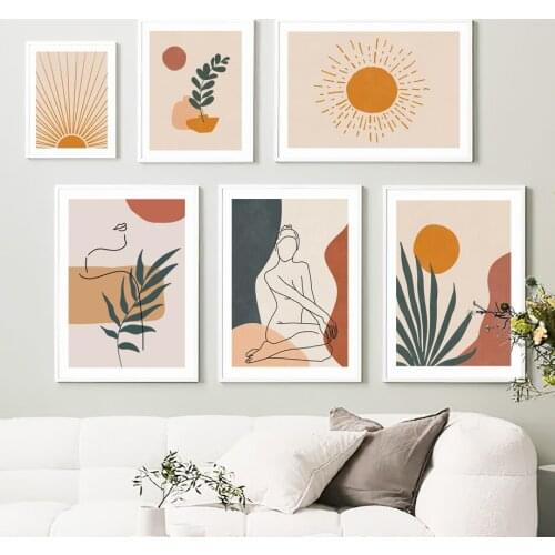 Vintage Abstract Botanical Sun Moon Girl Lines Boho Posters And Prints Wall Art Canvas Painting Pictures For Living Room Decor
