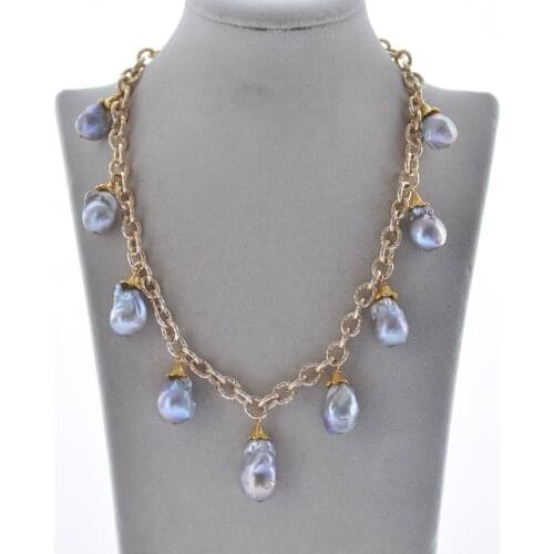 Z10420 18" 25mm Gray Baroque Drop Edison Keshi gold-plating Chain Pendant