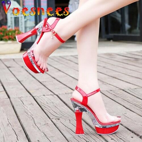 Big Size Nightclub Chain Women Shoe Buckle Strap Pole Dances Square Platform High Heel Walk Show Peep Toe Sexy Car Model Sandals