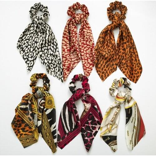 Retro Style Women Turban Leopard Print Streamers Hair Scrunchies Ribbon Hair Ties Horsetail Ties Head Wrap Hair Accessories