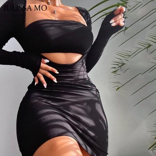 JULISSA MO Long Sleeve Ribbed Mini Bodycon Dresses Women Autumn Hollow Out Solid Slim Party Dress Ladies Casual Vestidos 2021