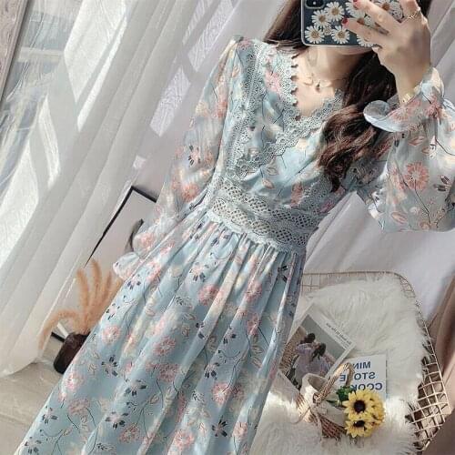 Women 2021 Spring Autumn New Fashion Long Sleeve Lace Dress Female Print Chiffon Dresses Ladies Long Loose V-neck Vestidos M803