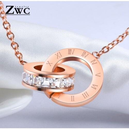 ZWC Fashion Charm Roman Digital Double Circle Pendant Necklace for Women Girls Party Titanium Steel Rose Gold Necklaces Jewelry