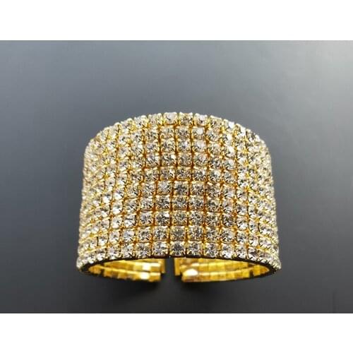 10 Rows Bridal Wedding Side Open Bangle Bracelets Silver Plated and Gold Color Crystal Rhinestone Cuff Bangle for Women