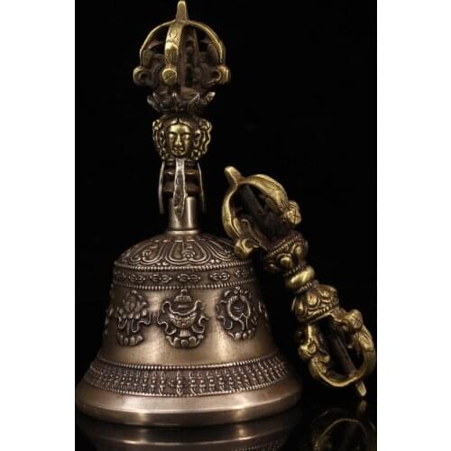 7" Tibet Buddhism Temple Old Bronze Vajra drop magic bell and pestle Ward off evil spirits Dorje Vajra Phurba Dagger Holder