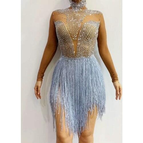 Shining Rhinestones Fringes Bodysuit Women Birthday Prom Celebrate Transparent Tassel Dress Female Performance Dance Costume