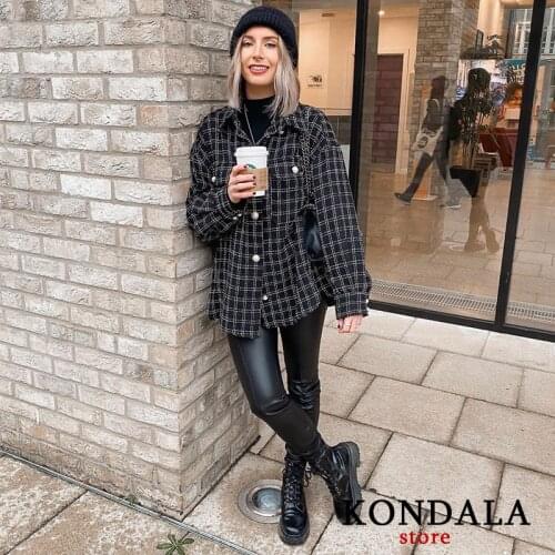 KONDALA Za 2021 Fashion Women Plaid Print Vintage Blazer Single Breasted Oversized Long Jackets Female Elegant Blazer