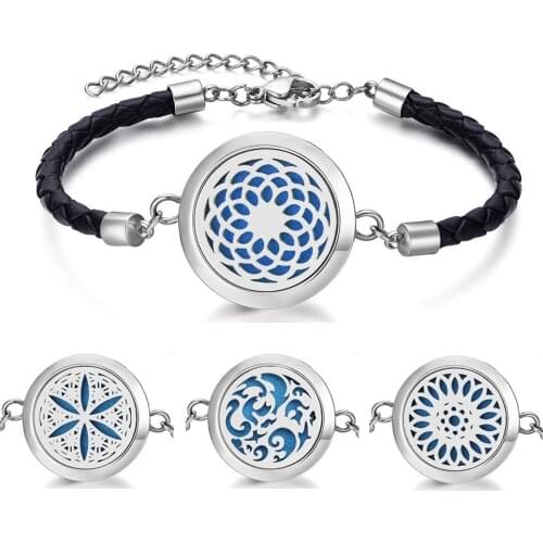 Stainless Steel Adjustable Genuine Leather Bracelets Essential Oil Diffuser Bangle Aromatherapy Perfume Women Bangle Jewelry