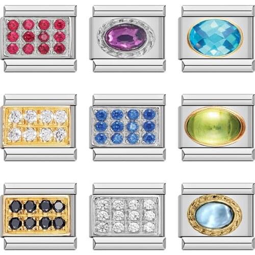 Hapiship Fashion Sweet Dazzling Blue Red Black Purple White CZ Charm Links Fit 9mm Bracelet Stainless Steel Jewelry Making DJ189