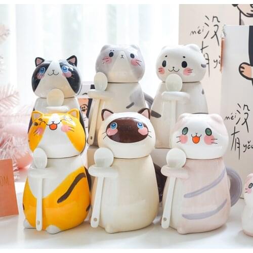 Creative Cartoon Animal Ceramic Coffee Mug With Lid And Spoon Cute Cat Funny Mugs and Cups Drinkware Milk Cup Birthday for Gifts