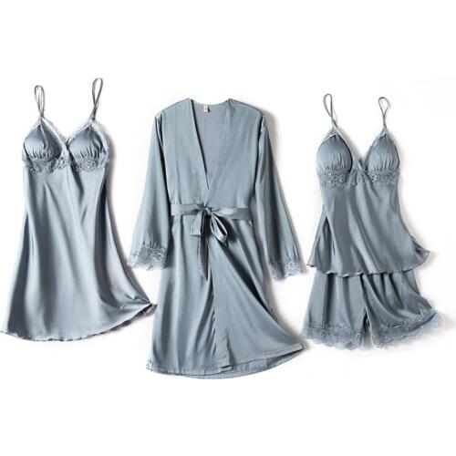 KISBINI 4pcs Summer Women Robe Set Imitation Silk Sexy Sleepwear Robe Nightdress Set For Female Women Solid Homewear Robe Set