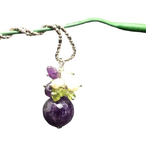 LJHMY Natural Amethyst Crystal Peridot Stone Real Pearl Pendant Necklace Women Natural Stone Pendant Crystal Jewelry
